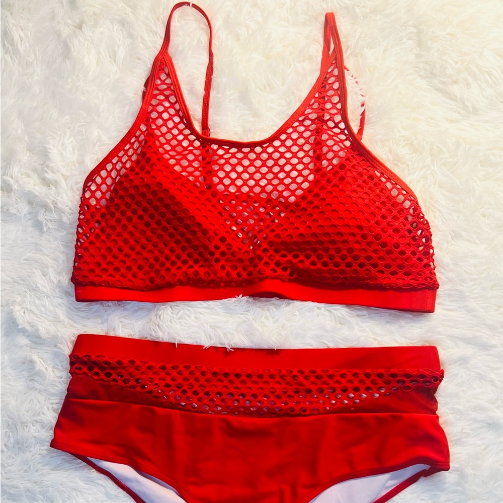 Red Floerns Swimsuit - Fishnet High Waist Bikini - NEW